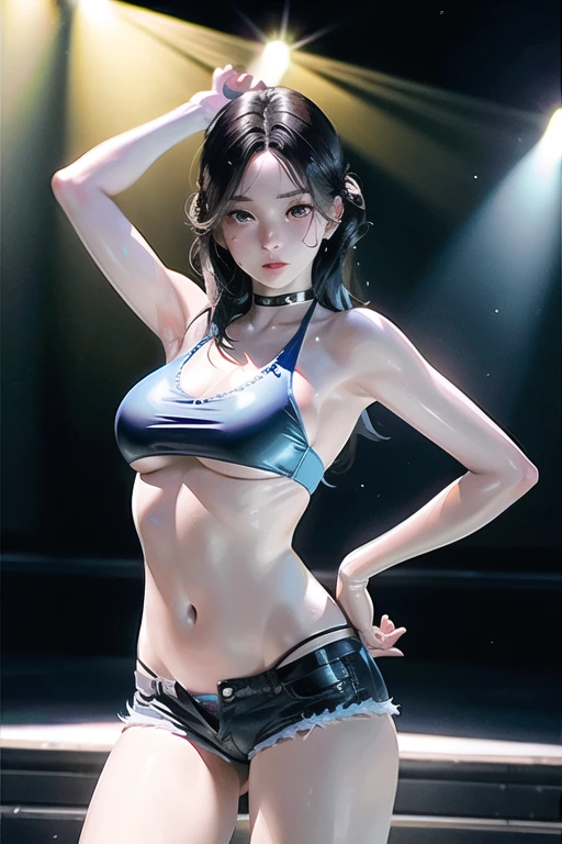 Kwon Eun-bi, forehead, female, raw,(8K, best quality, masterpiece:1.2),(intricate details:1.4),(realistic:1.4),octane rendering, complex 3d render very detailed, studio soft light, rim light, Vibrant details, very detailed, realistic skin texture, detailed face, beautiful detailed eyes, extremely detailed CG unity 8K wallpaper, assembly, (detailed background:1.2), (cowboy shot:1.2),(well aware),(complete anatomy:1.2), black hair, black eyes, WATERBOMB, jean shorts, ((hot pants)), beautiful body, (((light blue bikini))), ((Dancing and singing on an outdoor stage)), wet, festival atmosphere, big bust