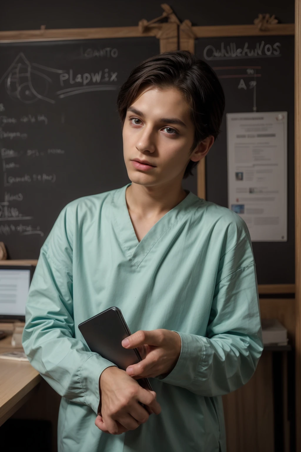 A young beautiful doctor, a twink, a cute male, with a face with make-up on, and he is wearing a long-sleeved aquamarine shirt and black jeans. He is in his luxurious scientific office, and behind him is a blackboard on which neurons and calculus are written, and he looks in amazement and shock, and his eyes have dark circles underneath them, and he is there. Black hair and a red face with makeup