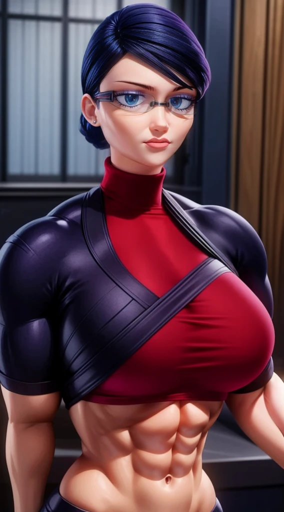 a muscular female bodybuilder in red bra inside office suit and her hair is dark blue and a bit red from end to the right side of head, detailed face, beautiful detailed eyes, beautiful detailed lips, extremely detailed face and muscles, long eyelashes, strong muscles bulging through suit, dynamic pose, professional studio lighting, hyperrealistic, 8k, high quality, photorealistic, physically-based rendering, concept art, dramatic color palette,((abs))