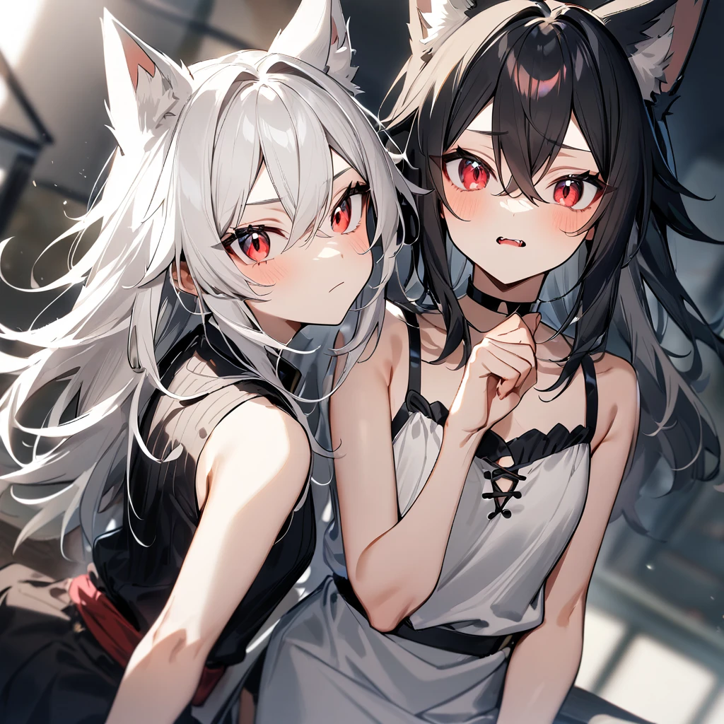 2girls,White hair,red eyes,wolf hair,black hair
wolf girls,Androgynous,hands
best quality,very aesthetic,absurdres