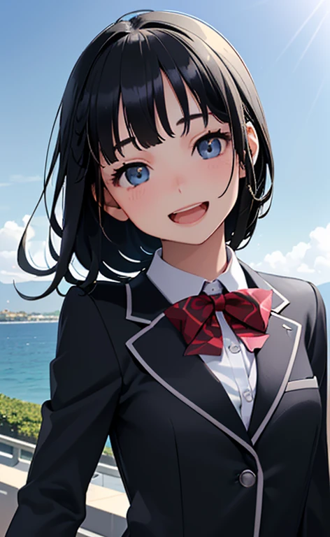 (Photorealistic:1.4)、(15-year-old:1.5),(masterpiece、spot light:1.2、Exquisite beautiful eye:1.5,portlate),(kind eyes、tareme:1.9),(Close-up of face:1.5,face focus:1.5)、(Cute Face、 3D Face)、(black hair:1.5)、(middle hair:1.5),(sidelock :1.5),(blunt bangs:1.3),(1 school girl)、(aqua eyes:1.2)、(upper body:1.5)、(Open mouth happy smile:1.5)、(Hair blowing sideways in the wind:1.4),(Hands in hair1.7)、,(Hands in hair1.7)(head tilt) ,(),(flat chest),(),(school blazer:1.5),(Park with an ocean view background:1.5)、()、()、Slim Body(),Shiny Hair、
