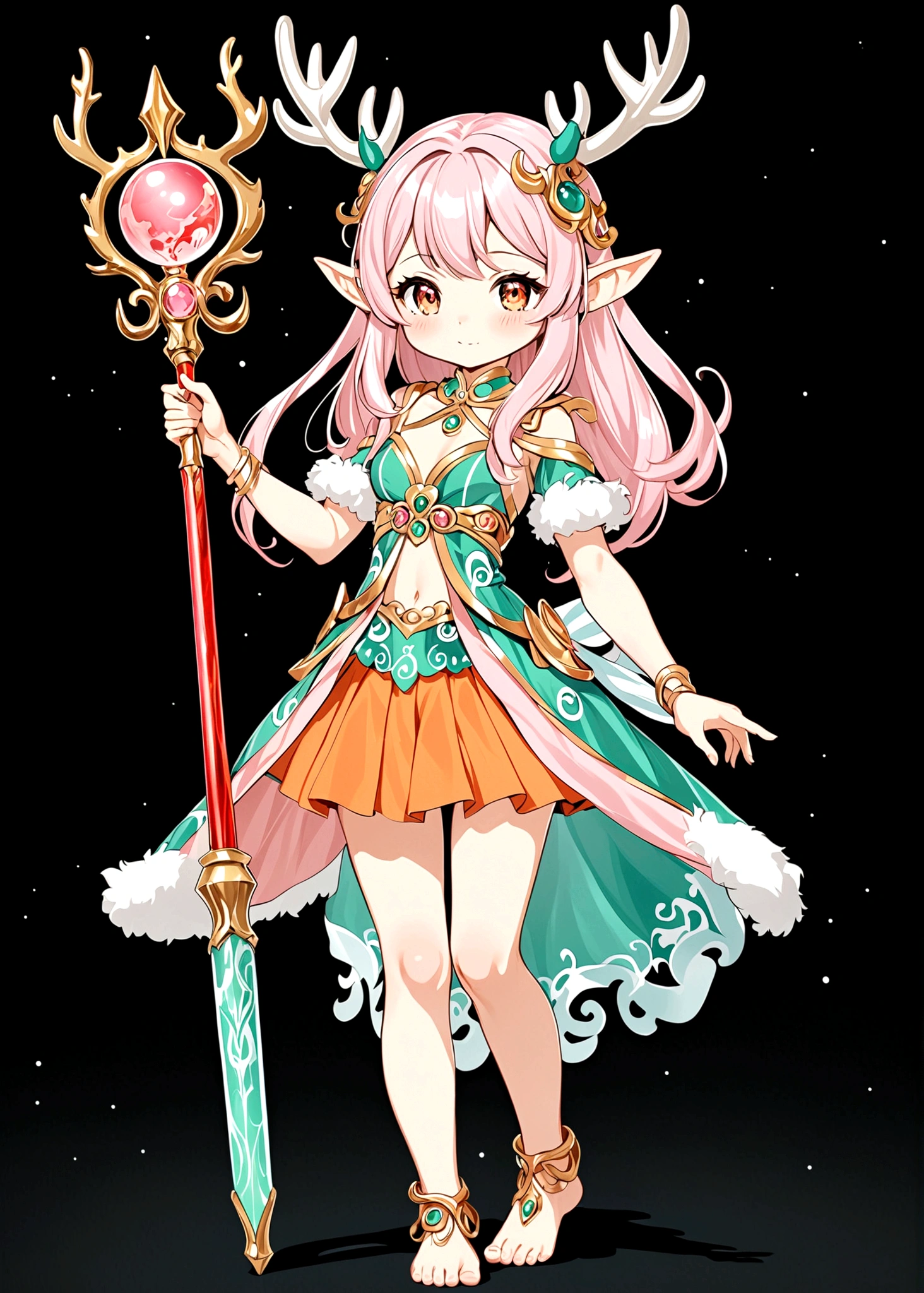 Cartoon anime style，beautiful girl，Fluffy pink hair，antlers，Elf ears，orangeskirt，Scepter，Standing barefoot，Foot ring。(((Correct human anatomy)))