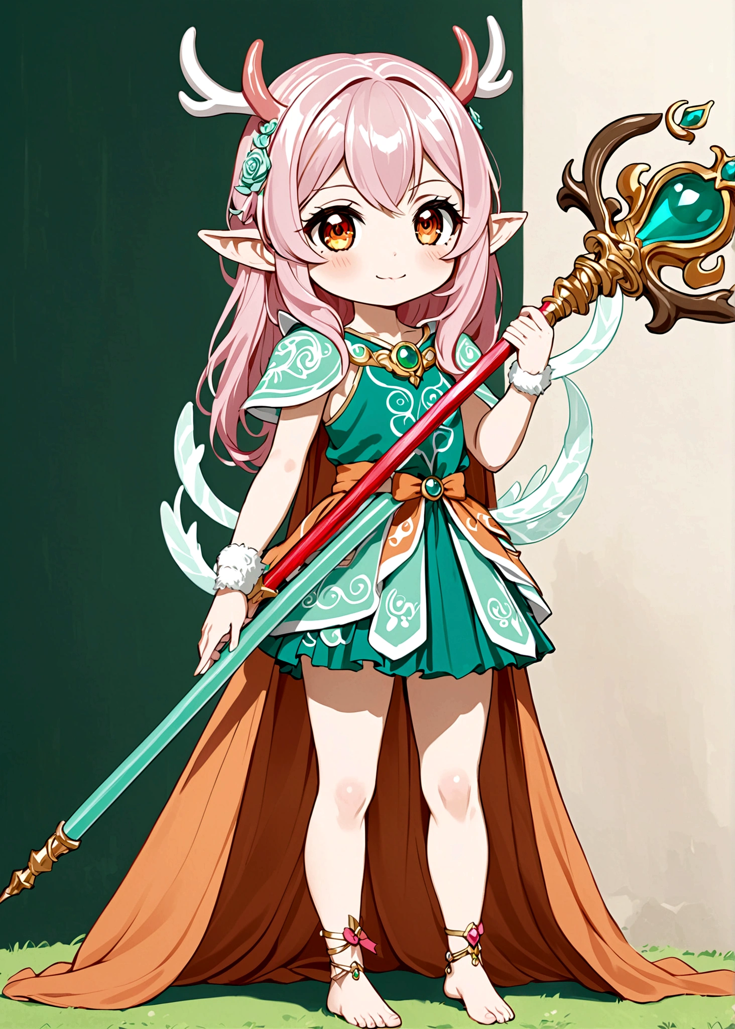 Cartoon anime style,beautiful girl,Fluffy pink hair,antlers,Elf ears,orangeskirt,Scepter,Standing barefoot,Foot ring。(((Correct human anatomy)))