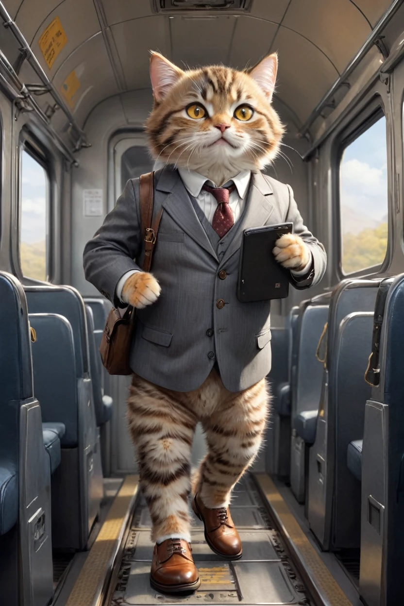 small, かわいいbornき物, I am on a train、Wearing a gray suit、Wearing suit pants、commute、Brown leather shoes、 whole body,Small , Are standing, Costumes, Operating a computer、 Fantasy art, Exquisite detail, Jean-Baptiste Monge Style, office、Alan Lee Style, An anthropomorphic, fat, furry tabby kitten with yellow eyes, Movie Scenes, Dramatic shot angles, , Realistic, born々Amazing cinematic photorealism, Action Portrait, 8K, detailed, Full Frame