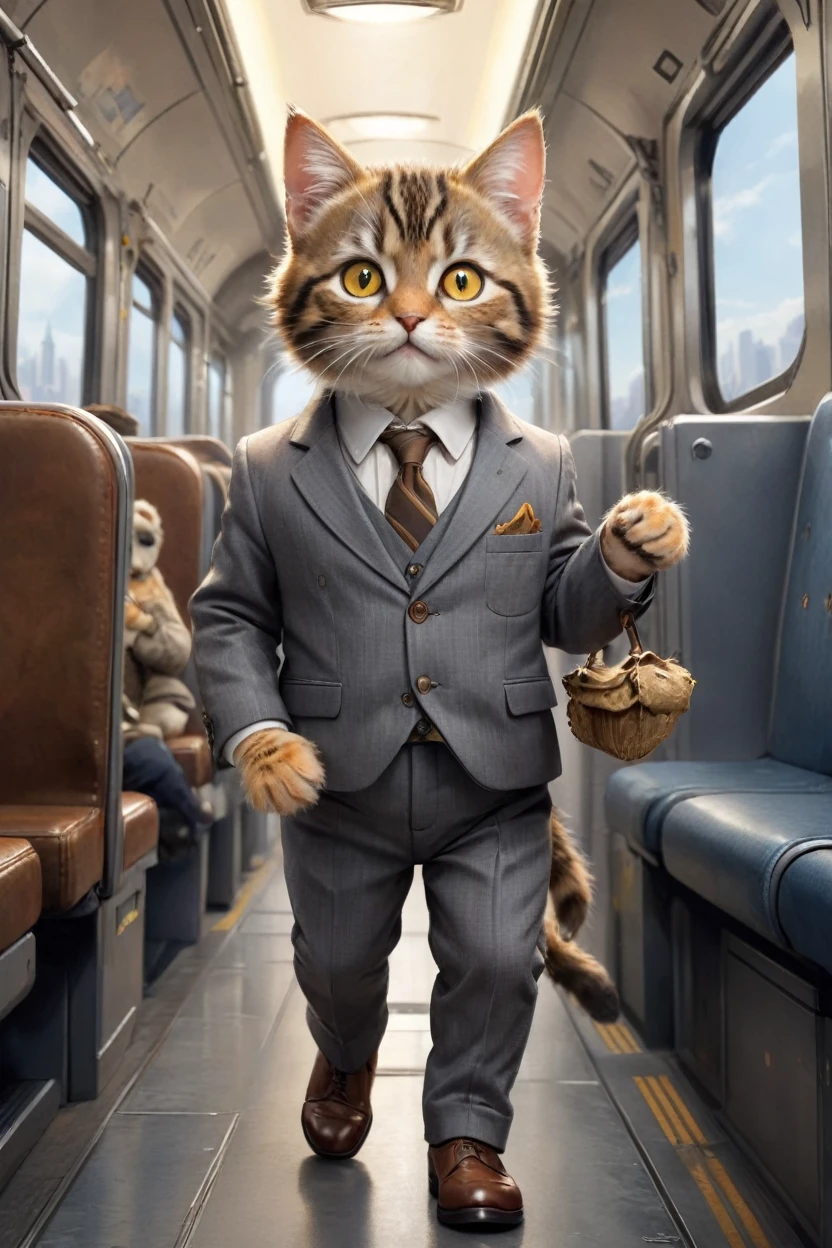 small, かわいいbornき物, I am on a train、Wearing a gray suit、Wearing suit pants、commute、Brown leather shoes、 whole body,Small , Are standing, Costumes, Operating a computer、 Fantasy art, Exquisite detail, Jean-Baptiste Monge Style, office、Alan Lee Style, An anthropomorphic, fat, furry tabby kitten with yellow eyes, Movie Scenes, Dramatic shot angles, , Realistic, born々Amazing cinematic photorealism, Action Portrait, 8K, detailed, Full Frame