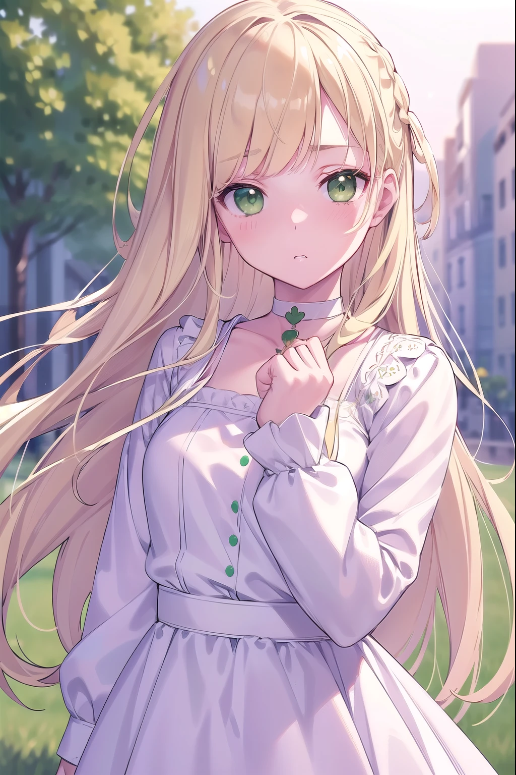 Blonde Hair, choker, (Green Eyes:1.5), Long Hair, dress, skirt, blush, blush stickers, Have, (White clothes:1.5), break looking at viewer, break outdoors, city, break (masterpiece:1.2), highest quality, High resolution, unity 8k wallpaper, (figure:0.8), (Beautiful fine details:1.6), Highly detailed face, Perfect lighting, Highly detailed CG, (Perfect hands, Perfect Anatomy),