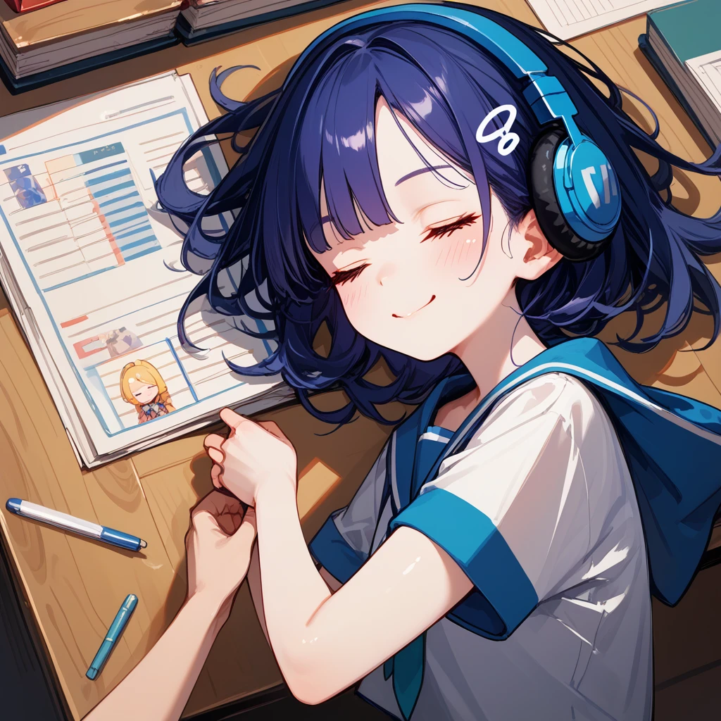 score_9, score_8_up,score_7_up,flat color,(best quality, masterpiece, ultra high-resolution, ultra-detailed: 1.2),
A girl sleeping face down on a desk,Close-up ,smiling,(closed eyes),big headphones,
(too many musical-notes are popping out from the headphones),fantasic,
white background,shiny skin,pale skin,