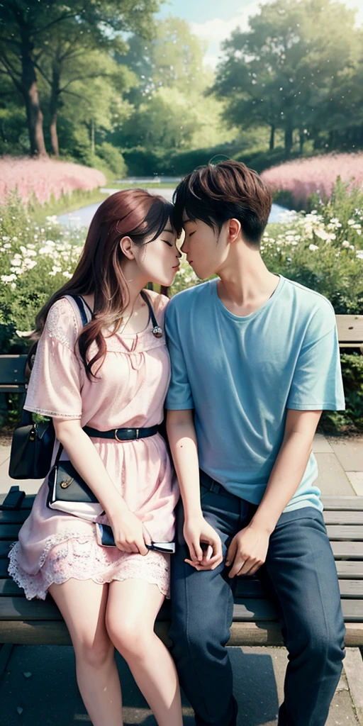 there is a man and woman that are sitting on a bench, a picture by Kun Can, tumblr, realism, couple pose, lovely couple, romantic couple, kissing together cutely, smooth in _ the background, lovely kiss, couple, 🚿🗝📝, man and woman in love, dreamy and romantic, in love, in pink forest, passionate pose