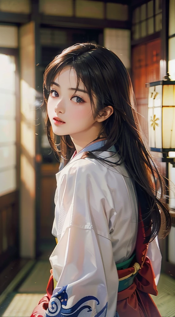 (Realistic)、(Realistic:1.2)、(High resolution)、Very detailed、Very beautiful face and eyes、1 girl、Delicate body、(highest quality、Attention to detail、Rich skin detail)、(highest quality、8k、Oil paint:1.2)、Very detailed、(Realistic、Realistic:1.37)、Bright colors、Full Body Shot,black_hair, Beautiful 8k eyes,Looking_in_Audience,One person in,Are standing,((Very beautiful woman, Fuller lips, Japanese pintern kimono))、((Colorful Japanese kimono)))、(((blackhair)))、(((Blunt bung,long straight hair)))、((( Inside an old Japanese house with a (short focus :1.4),)))、(masterpiece, highest quality, highest quality, Official Art, beautifully、aesthetic:1.2),(Fractal Art:1.3),Sengoku period、Greg Rutkowski Written by Alphonse Mucha Ropp,short ,uchikake,nishijin ori,(realistic light and shadow), (real and delicate background),(muted colors, dim colors, soothing tones:1.3), low saturation, (hyperdetailed:1.2), (noir:0.4),drow,blurry_light_background, (vibrant color:1.2), cinematic lighting, ambient lighting,Single Shot,Shallow Focus,pink lip,blurry light background,
