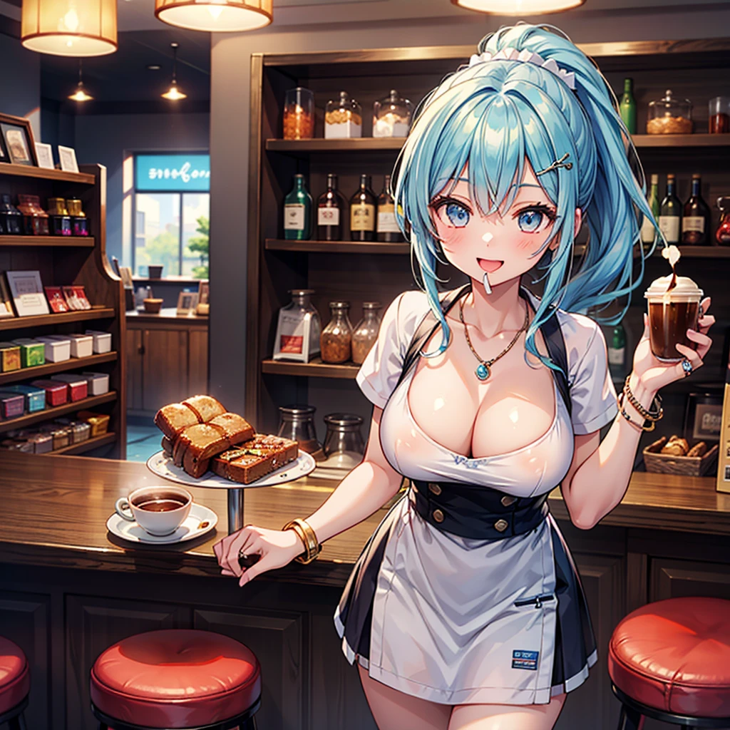 Anime Moe Art Style,Highest quality,High resolution,Anatomically correct,One Girl,Mid-s,A girl with light blue hair in a ponytail,Super detailed,Fantasy World,Big Breasts,Shiny skin,Beautiful Skin,A rich expression,Laughing with your mouth open,Coffee shop,Waitress Uniform,Serving,Eyes drawn in detail,hair ornaments,necklace,bracelet,ring,8K