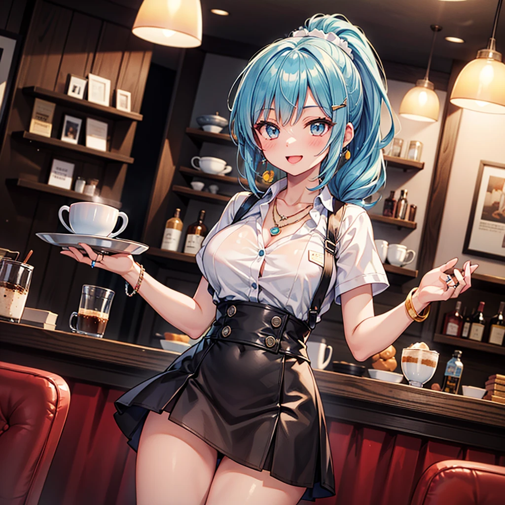 Anime Moe Art Style,Highest quality,High resolution,Anatomically correct,One Girl,Mid-teens,A girl with light blue hair in a ponytail,Super detailed,Fantasy World,Big Breasts,Shiny skin,Beautiful Skin,A rich expression,Laughing with your mouth open,Coffee shop,Waitress Uniform,Serving,Eyes drawn in detail,hair ornaments,necklace,bracelet,ring,8K