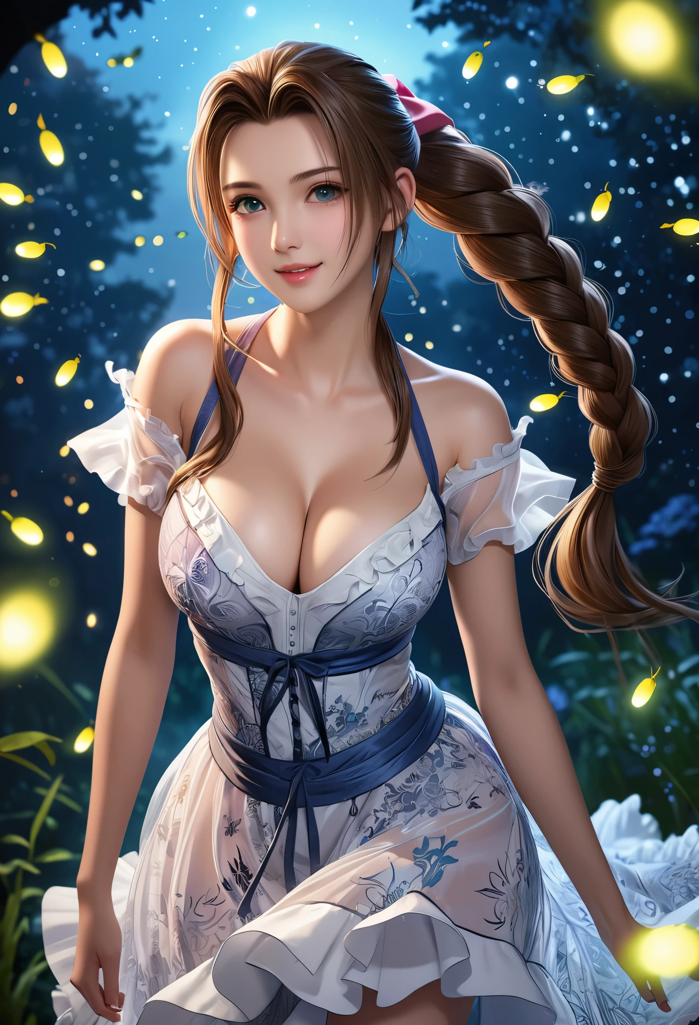 (((masterpiece))),((Highest quality)),Beautiful girl, Aerith, Sexy witch, bangs、(Long Hair, Braided ponytail:1.5)、(((huge firm bouncing bust, Deep cleavage)))、23 years old、Translucent white skin, Sparkling sweat, (Gorgeous frilled dress with intricate patterns:1.5)、Japanese girl、 Beautiful digital artwork, Beautiful fantasy art, dynamic sely poses, A kind smile, Mysterious Background, Aura, A gentle gaze, BREAK, Small faint lights and flying fireflies, night, lanthanum,