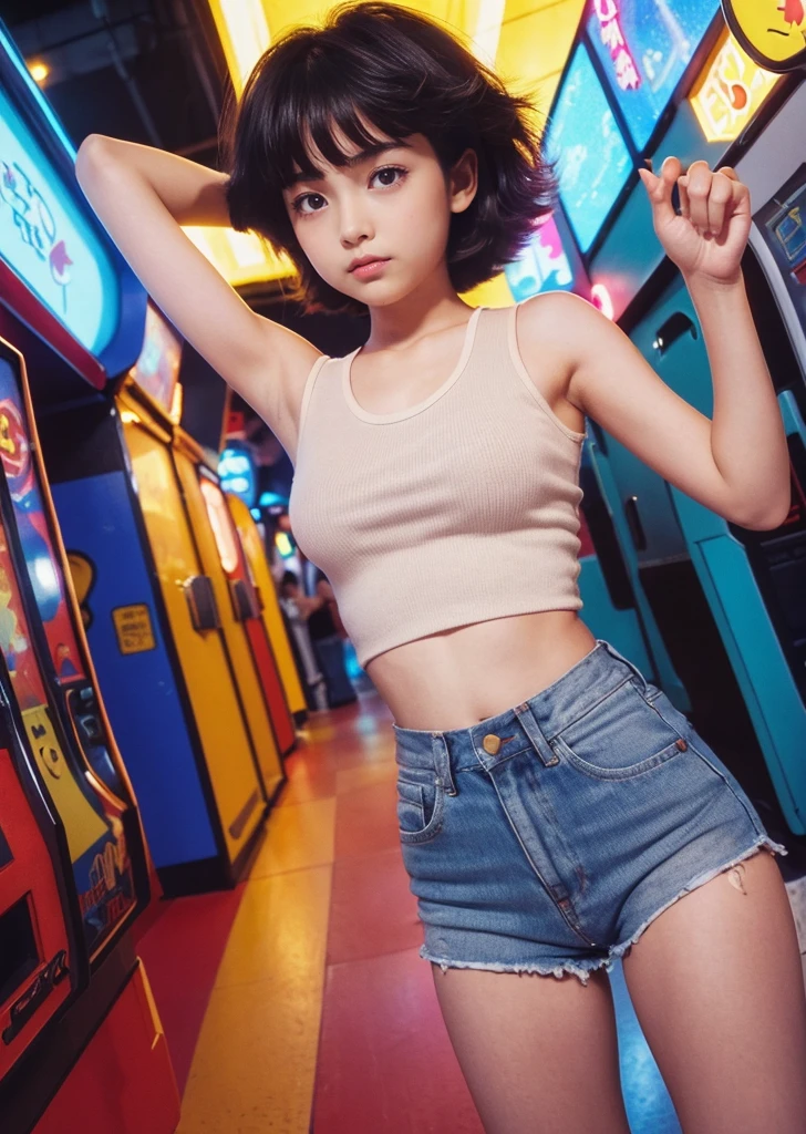 (Browsing Caution:1.3), Raise your arms, Show me your armpits, short hair, Retro arcade anime girl, 13-year-old girl, ((Very slim)), Long legs, 80年代のAnime atmosphere, 80s anime style, 1980's anime style, Anime atmosphere, Playing games