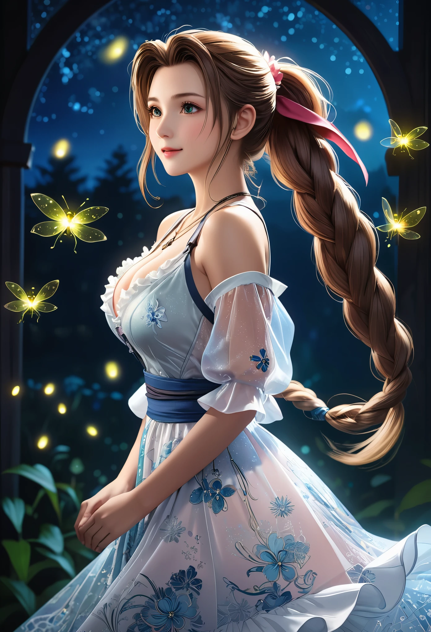 (((masterpiece))),((Highest quality)),Beautiful girl, Aerith, Sexy witch, bangs、(Long Hair, Braided ponytail:1.5)、(((huge firm bouncing bust, Deep cleavage)))、23 years old、Translucent white skin, Sparkling sweat, (Gorgeous frilled dress with intricate patterns:1.5)、Japanese girl、 Beautiful digital artwork, Beautiful fantasy art, dynamic sely poses, A kind smile, Mysterious Background, Aura, A gentle gaze, BREAK, Small faint lights and flying fireflies, night, lanthanum,