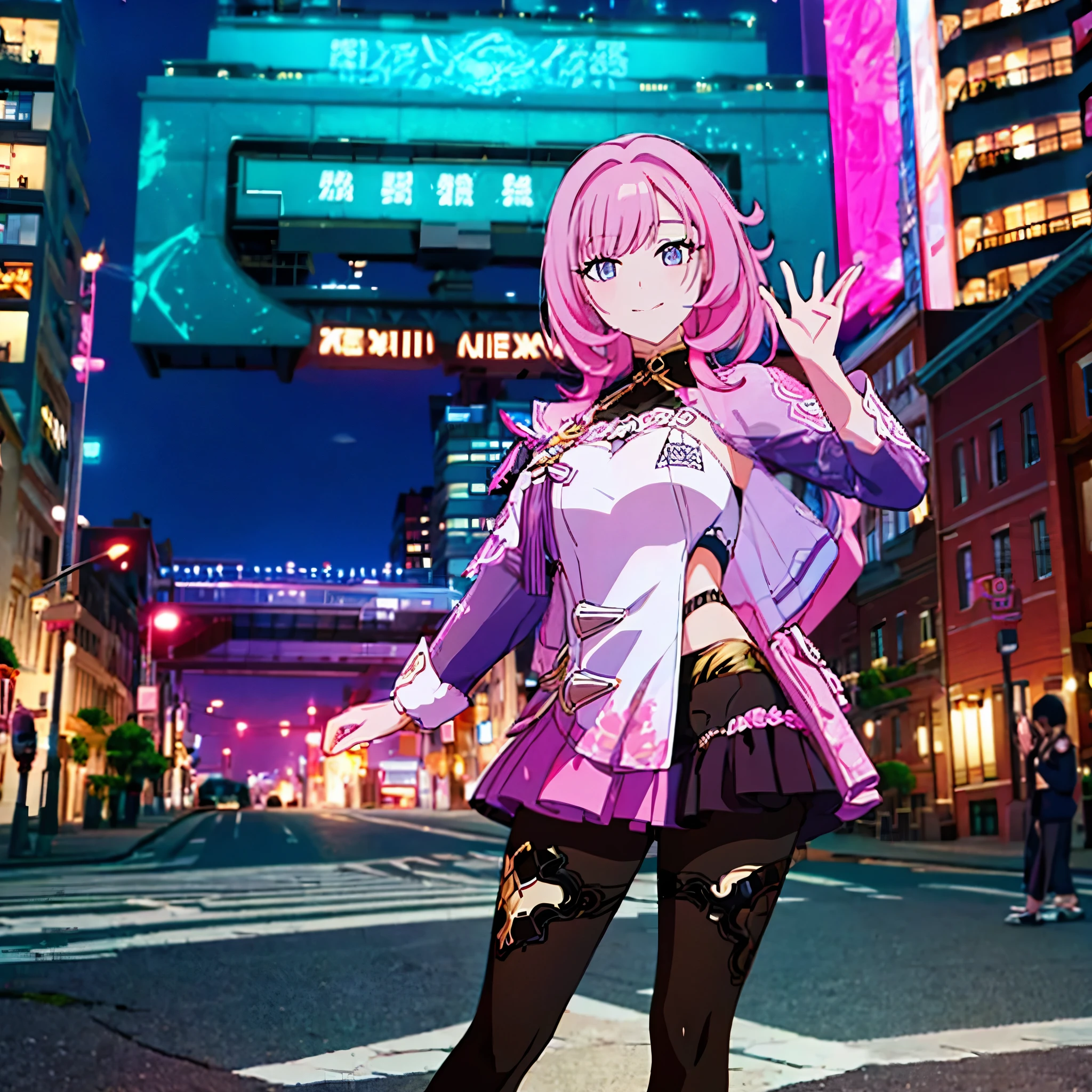 masterpiece, best quality, Extremely detailed, 4K, City background, Standing on the street, girl,Pink Hair ,Smile, Handpiece Style