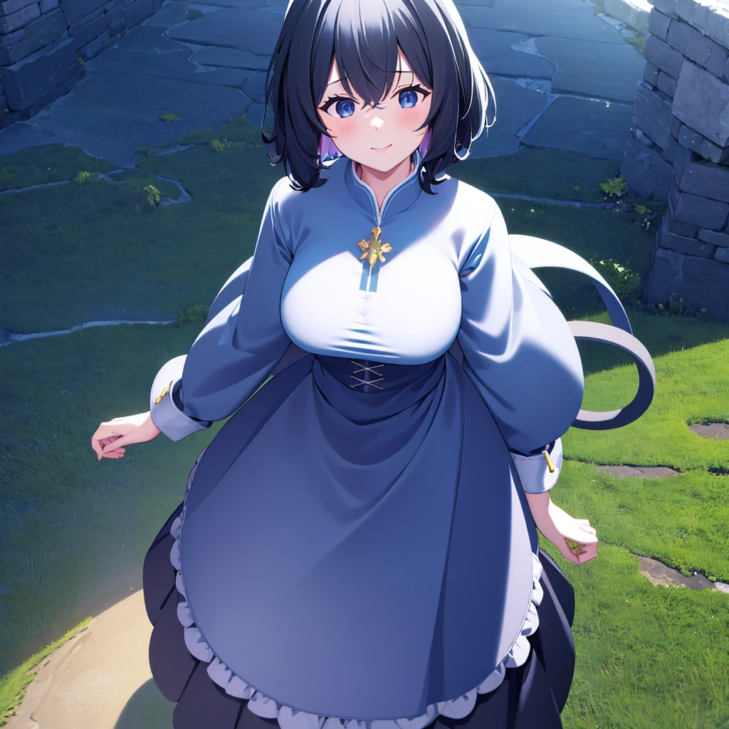 ((masterpiece)), (best quality), (ultra-detailed), photorealistic, (best illustration), ((an extremely delicate and beautiful)), 1girl, solo, short hair, cat ears, [:cat tail under:0.2], black hair,, full body, long blue cape, (Alternative outfit:1), cross-laced, standing, wide open eyes, smile, black skirt, short sleeves, detailed scenery, blue sky, horizon,, hair ornament, bracelet, (knight outfit:0.9), blush, Cute but Formidable, big breasts, 