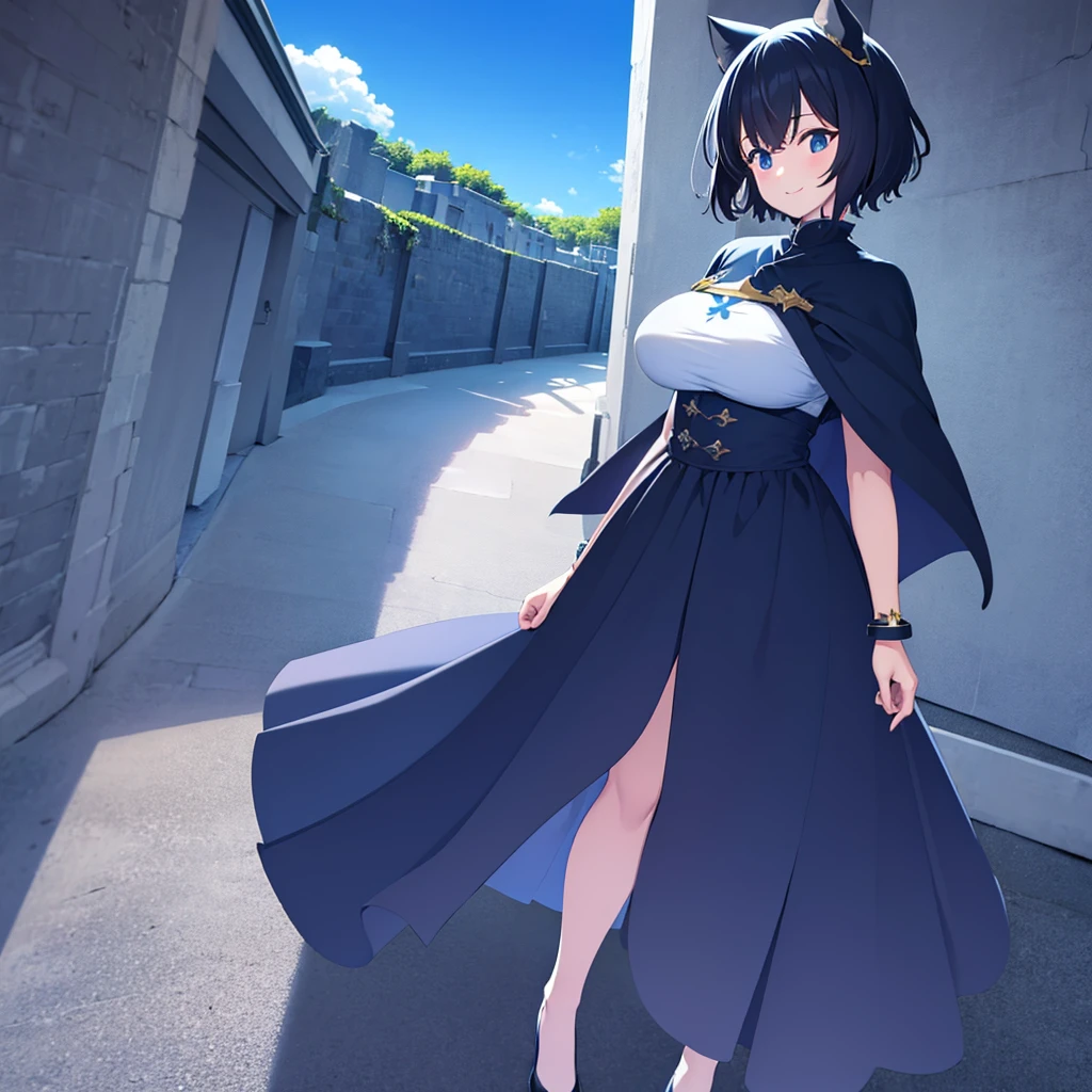 ((masterpiece)), (best quality), (ultra-detailed), photorealistic, (best illustration), ((an extremely delicate and beautiful)), 1girl, solo, short hair, cat ears, [:cat tail under:0.2], black hair,, full body, long blue cape, (Alternative outfit:1), cross-laced, standing, wide open eyes, smile, black skirt, short sleeves, detailed scenery, blue sky, horizon,, hair ornament, bracelet, (knight outfit:0.9), blush, Cute but Formidable, big breasts, 