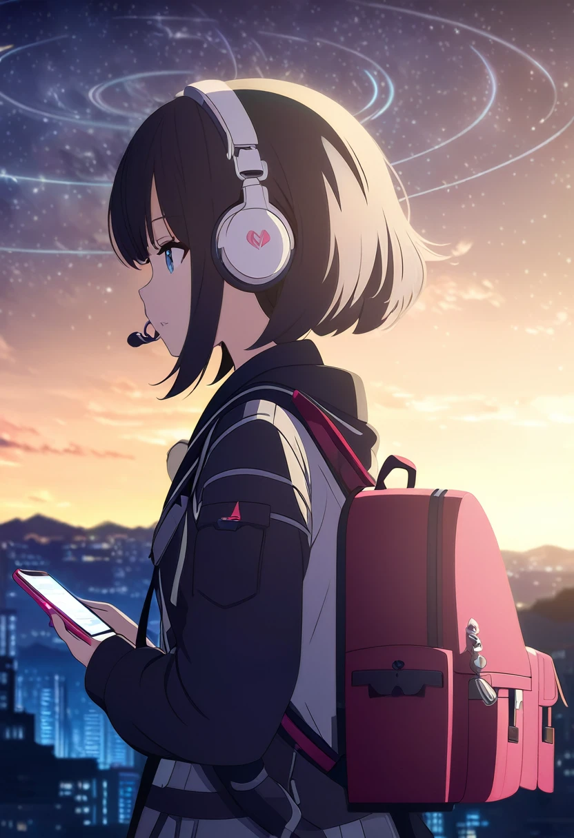 Anime girl wearing headphones and carrying a backpack looking at her phone, Anime style 4 k,, Digital Animation Art, Night Core, Digital Anime Illustration, Anime styled digital art, Anime Art Wallpaper 4K, Anime Art Wallpaper 4K, Anime art style, Anime Digital Art, Anime style artwork, Anime style. 8K, detailed Digital Animation Art