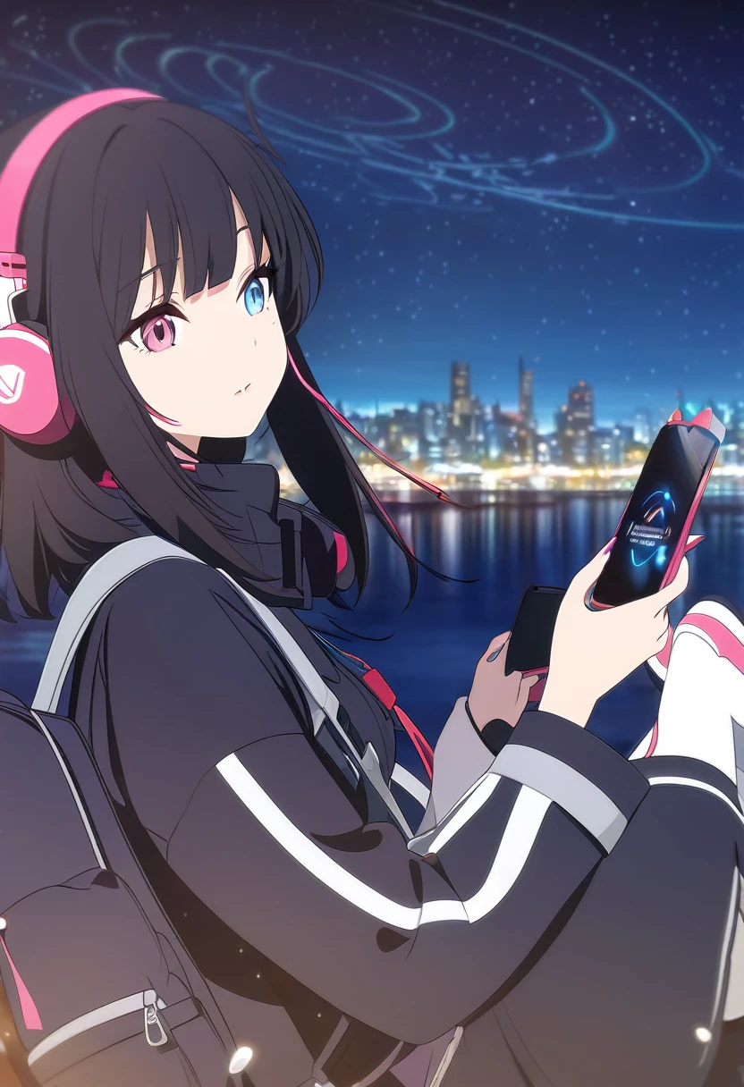 Anime girl wearing headphones and carrying a backpack looking at her phone, Anime style 4 k,, Digital Animation Art, Night Core, Digital Anime Illustration, Anime styled digital art, Anime Art Wallpaper 4K, Anime Art Wallpaper 4K, Anime art style, Anime Digital Art, Anime style artwork, Anime style. 8K, detailed Digital Animation Art