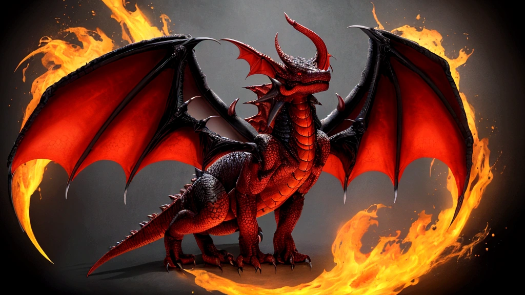 a hellish dragon monster with 4 wings and 4 legs and a 2-pronged tail. Its skin is scaly and emits a hot black aura.
