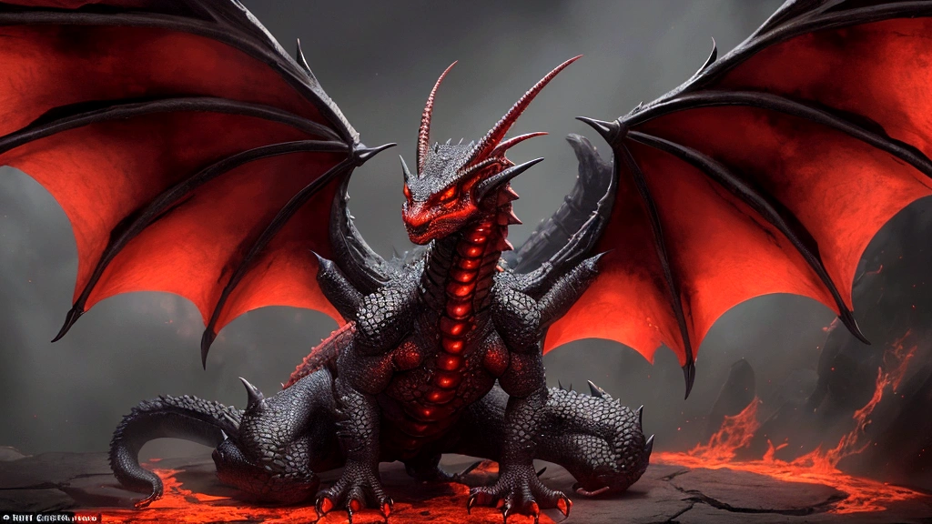a hellish dragon monster with 4 wings and 4 legs and a 2-pronged tail. Its skin is scaly and emits a hot black aura.