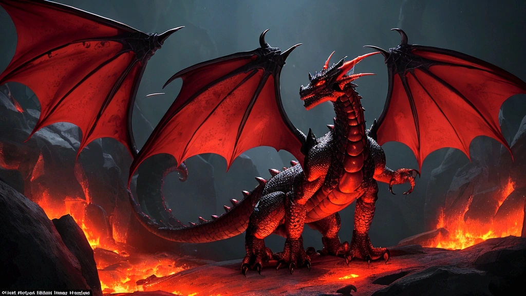 a hellish dragon monster with 4 wings and 4 legs and a 2-pronged tail. Its skin is scaly and emits a hot black aura.