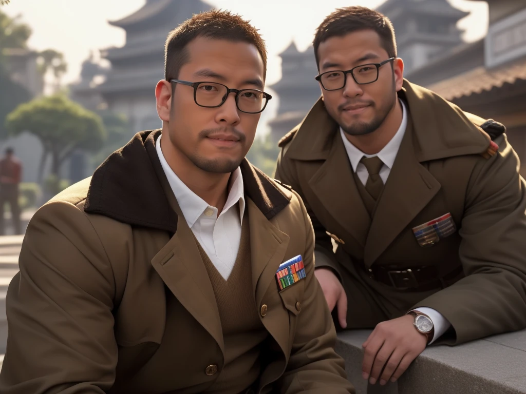 An award-winning original photo，a handsome 38-year-old man, crew cut, (((full body))), (((landscape))), mature man, [slightly fat], asian man, brown eyes, rounded face, glasses, slightly balding, 1boy, Solo, (big shoulders), (((stubbles, Short beard))), (((full beard))), (Beautiful eyes:1.3), (Detailed face:1.3), wearing glasses, Dynamic Angle, volumetric lighting, (Best quality, A high resolution, Photorealistic), Cinematic lighting, Masterpiece, RAW photo, Intricate details, (extremely detailed 8k wallpaper), masterpiece 16k photo, (Best quality at best,Photorealistic),(Dark,feels) Young person, One guy,detailed black eyes, French-German man in uniform standing in front of building, in full military garb, in a soldier uniform, Inspired by Zhang Sengyao, in a soldier uniform, Court Costume Akira, in a soldier uniform, Imperial team, in a soldier uniform, Wearing imperial equipment, Wearing a soldier's uniform, Inspired by Oka Yasuyu, Italian man wearing old samurai uniform，，。Dark skin., （（Very relaxed and lazy look！））, （（Unintentionally exposing chest muscles））Handsome male, Handsome chad chin, Handsome and attractive, Handsome and elegant, Handsome man, Sexy masculine, masculine and Handsome, , Handsome, Attractive posing, attractive male, Attractive man,40-year-old man！Lift your little head，Kominan wearing an army coat（closeup portrait！)）showing off his hairy pecs。（Show hairy chest muscles），），(Use a short beard collar），Wear a military uniform and wear one without buttons！Show hairy chest muscles），)，(Use a short beard collar，）headspace！Charming and serious look，（Handsome man，sitting down，poorly dressed，Perfect body anatomy，Beautiful man face detail，perfect foot，perfect hand！Ultra-low angle shooting！！