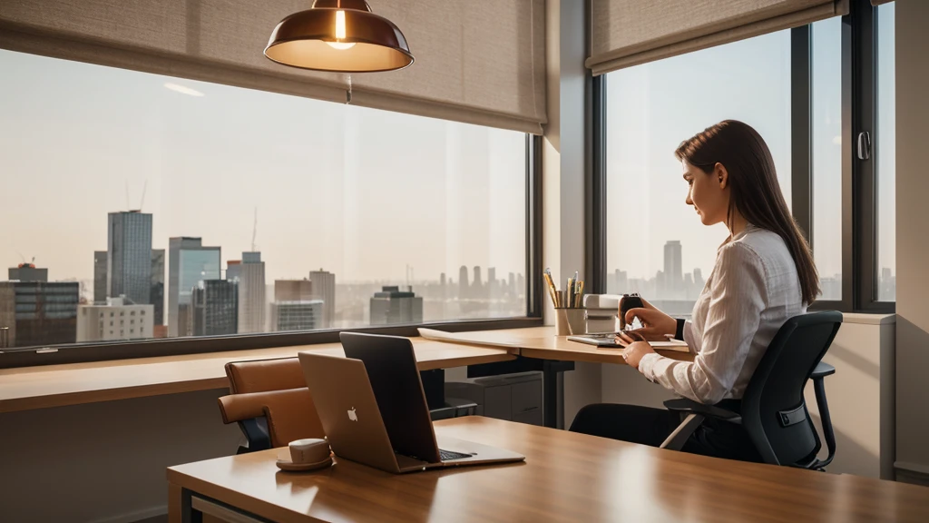 a freelancer working in the office, woman sitting at desk, laptop computer, coffee mug, books, papers, lamp, window view of city skyline, natural lighting, warm color tones, photorealistic, highly detailed, cinematic, 8k, masterpiece