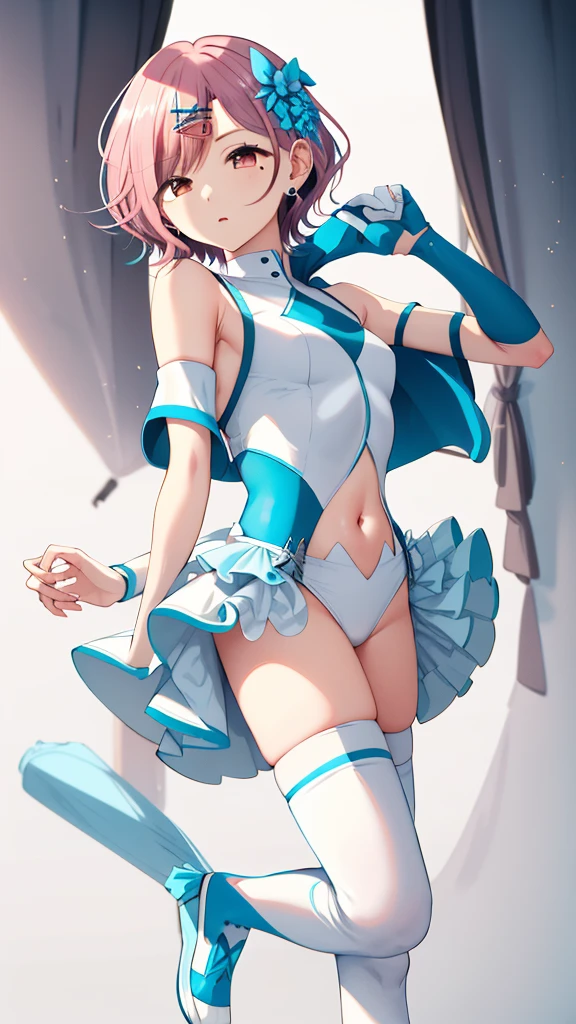 bbmadoka,(mole under eye:0.8),short hair,bangs,hairclip,x hair ornament,earrings,bare shoulders,white jacket,short sleeves,hood,blue leotard,blue shirt,covered navel,sleeveless,miniskirt,skirt,blue skirt,(white thighhighs:1.4),high heel boots,blue footwear