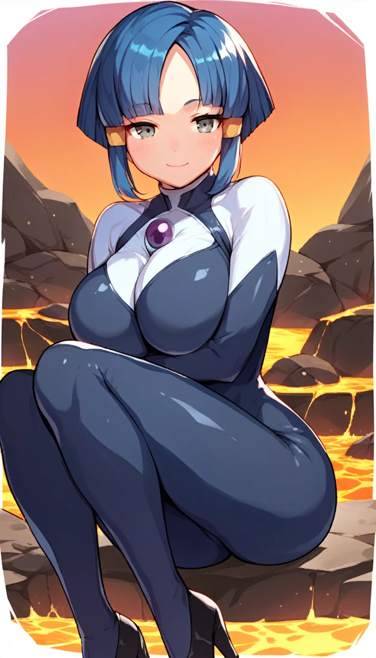 best quality,ultra detailed,solo,score_9, score_8_up, score_7_up, score_6_up, score_5_up, score_4_up, source_anime, 1girl, clara, blue hair, hair tubes, grey eyes, bodysuit,big breasts, sexy pose, (front view,portrait),full body, sitting on lava,heavenly ass, heavenly breasts, big ass, no shoes, wearing black heels, smile, cute, face, long legs, tight bodysuit, tight sleeves, black bodysuit, half-closed eyes, touching own breasts