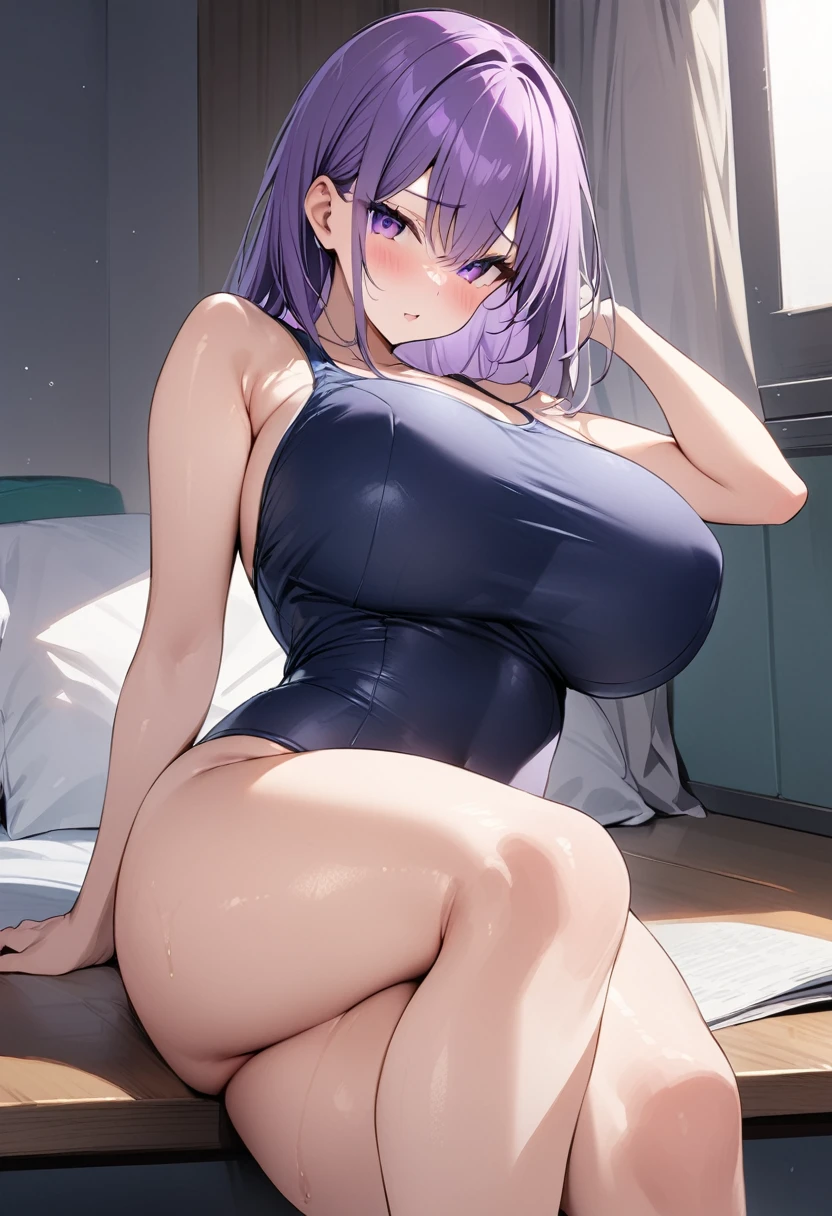 masterpiece、Highest quality、Best image quality、High resolution、Big Breasts、Black school swimsuit、Muji school swimsuit、Purple Hair、Purple Eyes