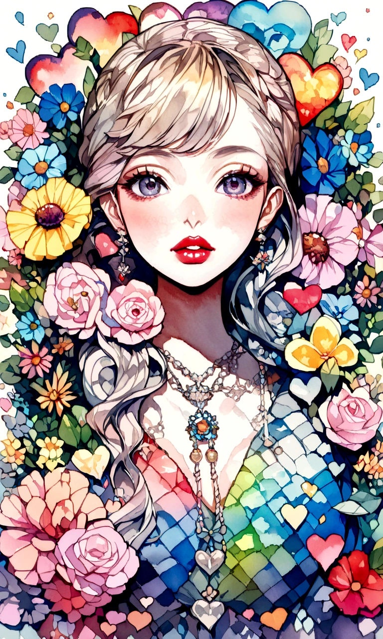 Mai Yoneyama Style、(((stylish fashion))), 8K Quality、Intense watercolor, Detailed watercolor art, Watercolor splash, Surreal, avant-garde pop art, Beautiful and expressive paintings, Beautiful artwork illustration, Very colorful tones, wonderful, Cool beauty, highest quality、Official Art, Vector art, Stylish design, (((The most beautiful girl))), (((highest quality))), HDR, ((detailed)), (((Doodle Art)), ((masterpiece)), ((Super detailed)), (((Colorful flowers))), colorful hearts, (((Stylish))), Lips in love