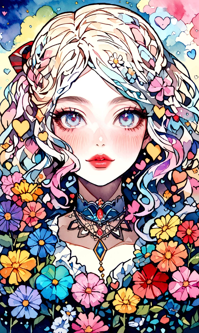 Mai Yoneyama Style、(((stylish fashion))), 8K Quality、Intense watercolor, Detailed watercolor art, Watercolor splash, Surreal, avant-garde pop art, Beautiful and expressive paintings, Beautiful artwork illustration, Very colorful tones, wonderful, Cool beauty, highest quality、Official Art, Vector art, Stylish design, (((The most beautiful girl))), (((highest quality))), HDR, ((detailed)), (((Doodle Art)), ((masterpiece)), ((Super detailed)), (((Colorful flowers))), colorful hearts, (((Stylish))), Lips in love