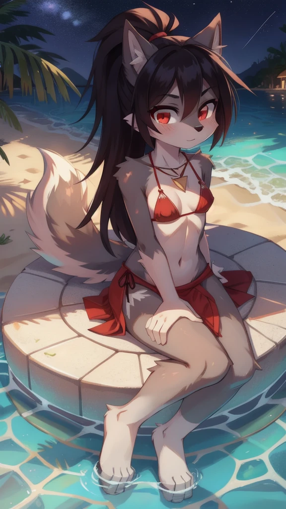 furry girl, wolf, black hair, punk hairstyle, huge long spiky ponytail, anime style, small breasts, red eyes, ((deep red bikini ruffled triangle, high cut bottom, star necklace, beach sarong with shooting stars on hips)), high quality, detailed body, detailed eyes, detailed face, masterpiece, glistening body, detailed body fur, best quality, two tone body, gray fur, clear gray fur, perfect lighting, perfect shadows, perfect eyes, perfect hair, perfect face, gorgeous body, skinny, solo, :3, pool, clear sky, sitting,