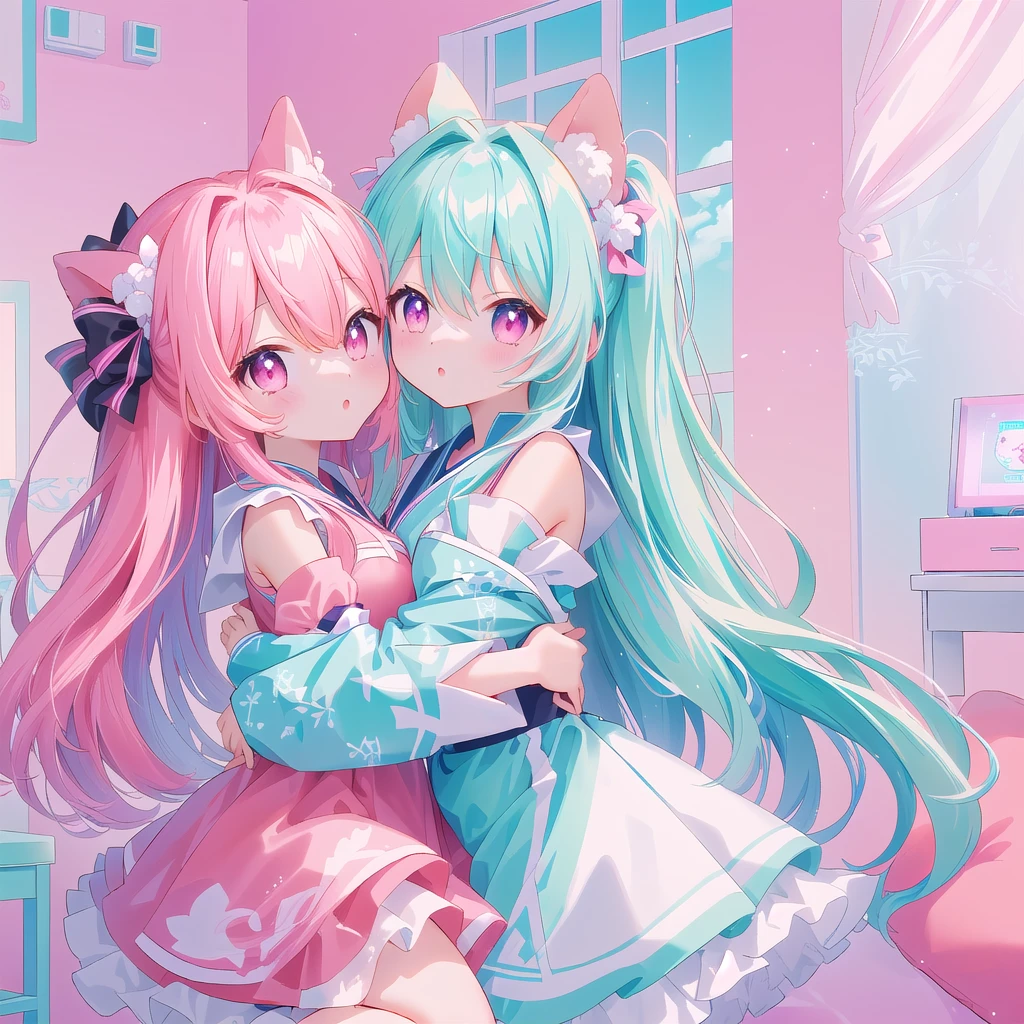 Anime girl hugging another girl in the room with pink background, Two beautiful anime girls, 动漫风格 4色Double tail头发和青色眼眸, Vermillion and Cyan, anime art wallpaper 8 k, Digital Art on pixiv, Double tail, Lovely art style, Cyan and Magenta, Anime Art Wallpaper 4K, Anime Art Wallpaper 4K