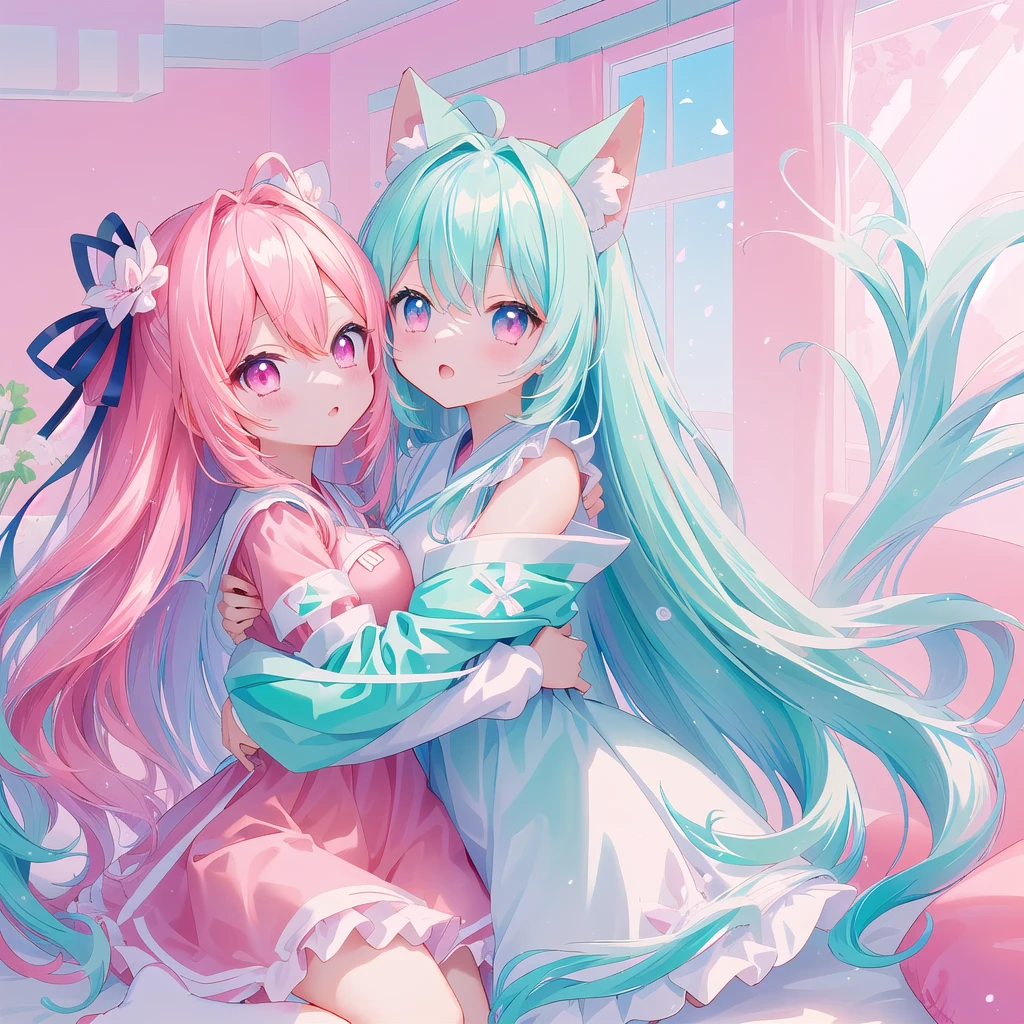 Browsing Caution,Two Girls,Lying down,((Raise both legs)),panties,Have sex,Light blue hair,Light pink hairstyles，Cat ear，Pink Eyes，light blue lolita，White socks，,Pink ribbon,Laughing with your mouth open,Best image quality,Highest quality