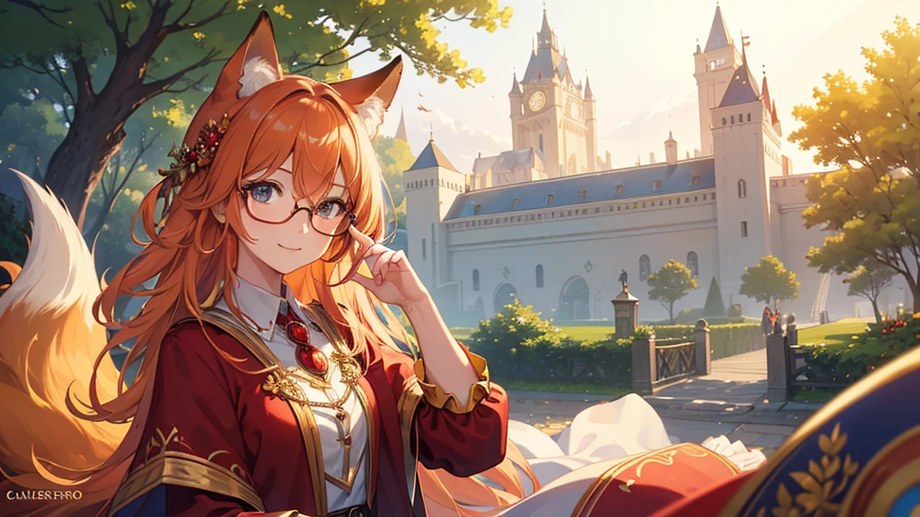 ((Best quality)), ((masterpiece)), (detailed), best quality,8K,original photo,This is a perfect face,Red Fox Maiden,touch fox,Castle Background, Liveliness. Carefree happy joy bokeh background. Quiet aesthetics. Soft lighting. Artistic Lighting. Gold frame glasses