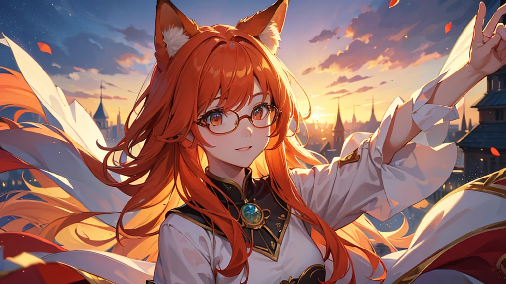((Best quality)), ((masterpiece)), (detailed), best quality,8K,original photo,This is a perfect face,Red Fox Maiden,touch fox,Castle Background, Liveliness. Carefree happy joy bokeh background. Quiet aesthetics. Soft lighting. Artistic Lighting. Gold frame glasses