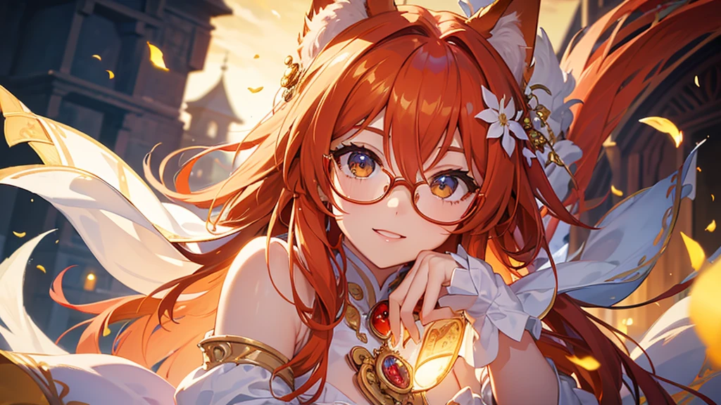 ((Best quality)), ((masterpiece)), (detailed), best quality，8K，original photo，This is a perfect face，Red Fox Maiden，touch fox，Castle Background， Liveliness. Carefree happy joy bokeh background. Quiet aesthetics. Soft lighting. Artistic Lighting. Gold frame glasses