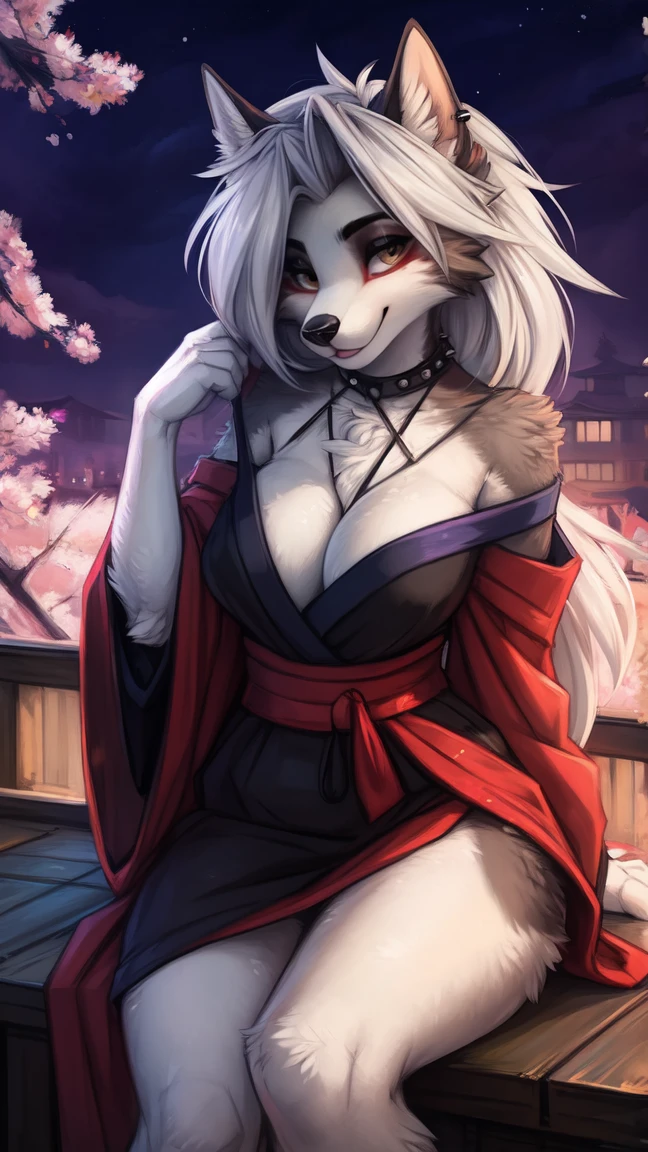 by kenket, Ross Tran, ruan jia, zaush, foxovh, by Zackary911, by hyattlen, by teranen, by fumiko, by Pixelsketcher, by fluff-kevlar, bye r-mk, by Dimwitdog, Furry, Anthro, (oiran), ((prostitute)), (luxurious off-shoulder kimono), (loona), helluva boss, hellhound, kemono, (huge breasts), long (elegant) white hair, hourglass body, revealing outfit, seductive, alluring eyes, looking at viewer, gray fur, white fur, traditional japanese, magic fantasy, (mature), milf, tall, curvy, outdoors, cherry blossoms, nighttime, cleavage, tugging on own clothes, (red sclera),