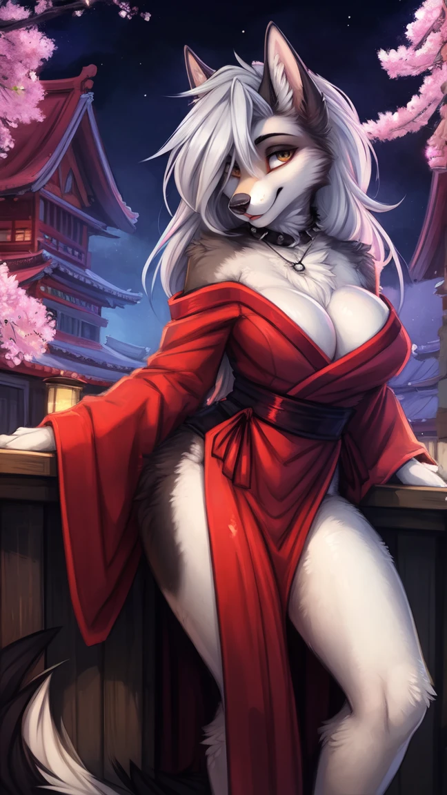 by kenket, Ross Tran, ruan jia, zaush, foxovh, by Zackary911, by hyattlen, by teranen, by fumiko, by Pixelsketcher, by fluff-kevlar, bye r-mk, by Dimwitdog, Furry, Anthro, (oiran), ((prostitute)), (luxurious off-shoulder kimono), (loona), helluva boss, hellhound, kemono, (huge breasts), long (elegant) white hair, hourglass body, revealing outfit, seductive, alluring eyes, looking at viewer, gray fur, white fur, traditional japanese, magic fantasy, (mature), milf, tall, curvy, outdoors, cherry blossoms, nighttime, cleavage, tugging on own clothes, (red sclera),