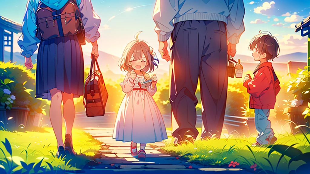 1girl、(((Parent and 、Highest quality、Masterpiece、Official Art、The best dynamic composition)))、(detailed)、Anime Style、A tranquil view of the countryside、Departure、The little boy grew up and became independent、A mother sees her off at the station in tears、