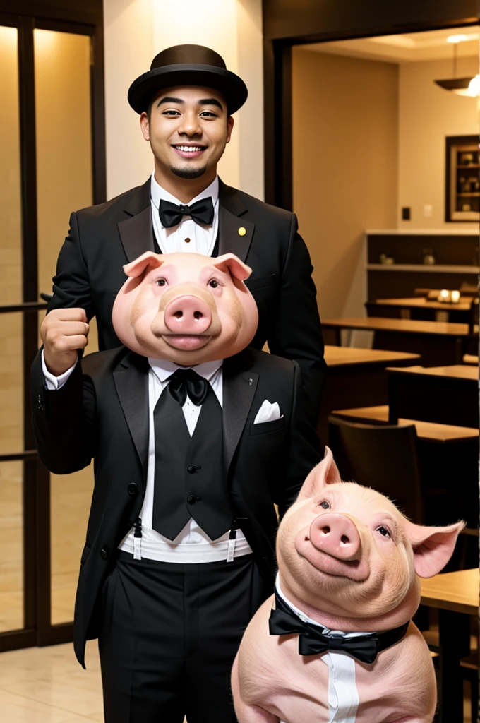 Pig dressed as a strong anime waiter