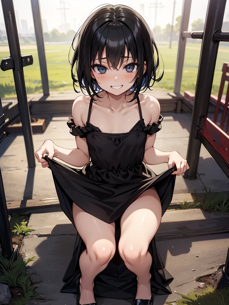 masterpiece, best quality, solo, (little girl), black hair, short hair, cowboy shot,
 grin, squatting, black sundress, (dress lift), open clothes, (flat chest), nipples, pussy, playground,