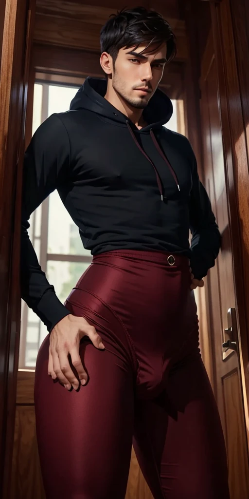 A young man having long legs, thick thighs, large wide hips, thin and narrow weist, big large feminine breasts, , maroon leggings and formal shirt , waterfall , very small spikey boyish haircut, man man , penis bulge , man, penis enlargement, penis bulge, futanari bulge, penis enlargement, Big large feminine breasts, hoodie, man, man, male, man , beard facial hair 
