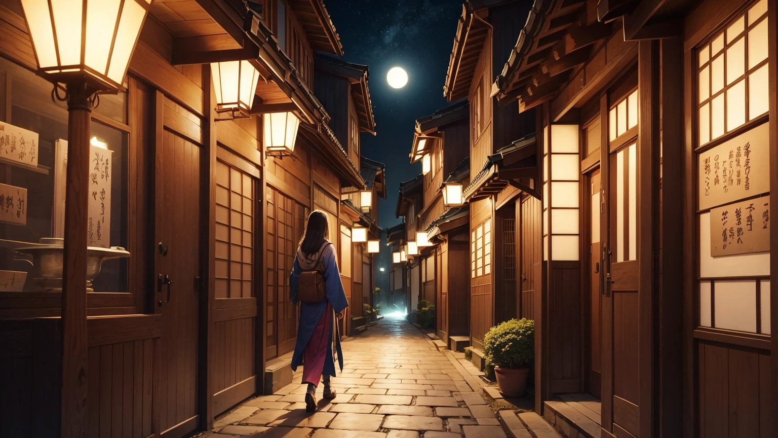 female mage invoking with magical backgrounds,japanese town