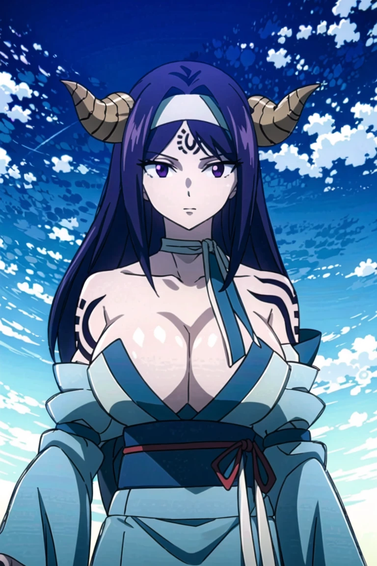 seilah, seilah, long hair, horns, purple hair, facial mark, forehead mark, (purple eyes:1.1), headband, BREAK cleavage, japanese clothes, horns, choker, wide sleeves, kimono, sash, tattoos, BREAK cowboy shot, looking at viewer, BREAK outdoors, BREAK (masterpiece:1.2), best quality, high resolution, unity 8k wallpaper, (illustration:0.8), (beautiful detailed eyes:1.6), extremely detailed face, perfect lighting, extremely detailed CG, big breasts, upper body,
