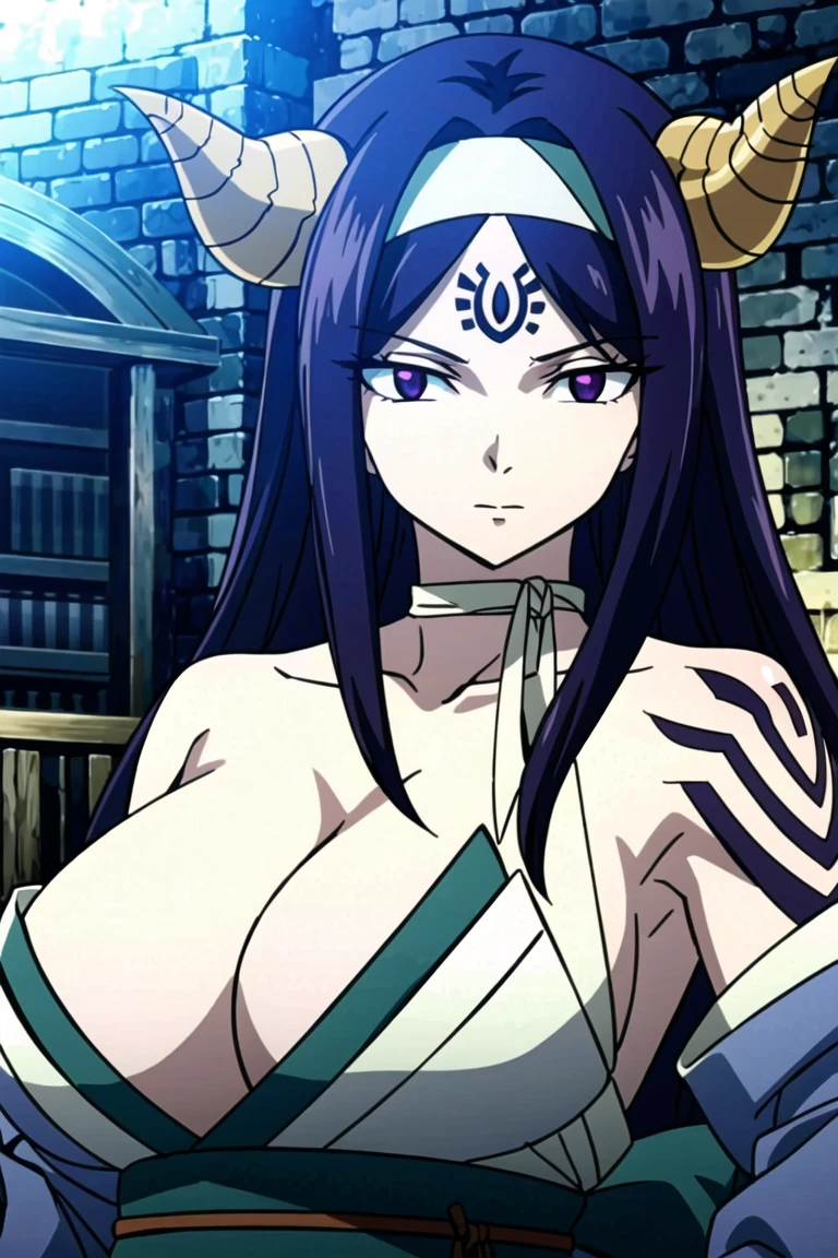 seilah, seilah, long hair, horns, purple hair, facial mark, forehead mark, (purple eyes:1.1), headband, BREAK cleavage, japanese clothes, horns, choker, wide sleeves, kimono, sash, tattoos, BREAK cowboy shot, looking at viewer, BREAK outdoors, BREAK (masterpiece:1.2), best quality, high resolution, unity 8k wallpaper, (illustration:0.8), (beautiful detailed eyes:1.6), extremely detailed face, perfect lighting, extremely detailed CG, big breasts, upper body,