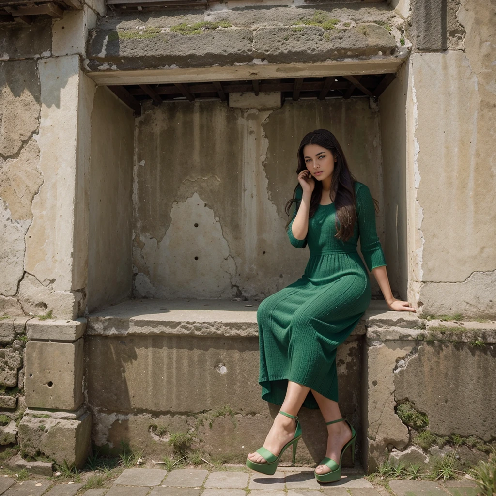 One girl sitting on ancient building, like photo model, sea view, hills, long hair, wearing green knitting maxi dress, green high heels, hair blowing, 