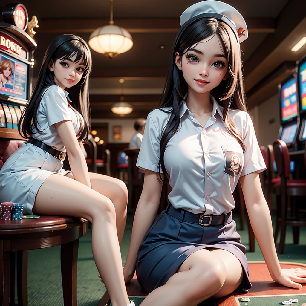 happy and smile, {{indonesian girl}}, {wearing high school uniform}, teasing and waiting customer play, standing, playing in casino, red casino background, polite and kind, Sweet Face, roulette table, poker table, colourfull slot machines